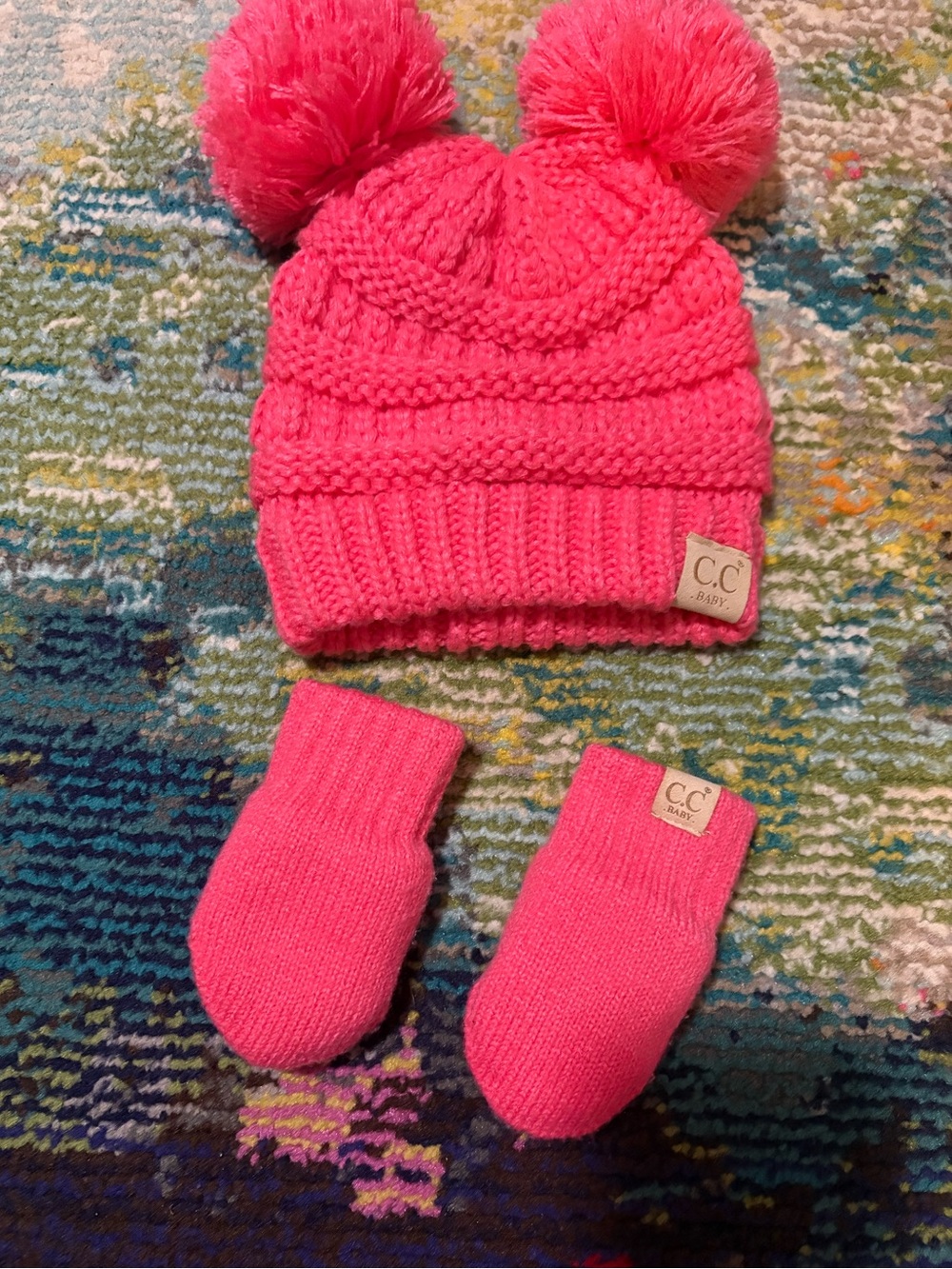 C.C. Baby Candy Pink Cable Knit Double Pom Pom Baby Hat & Mittens Set